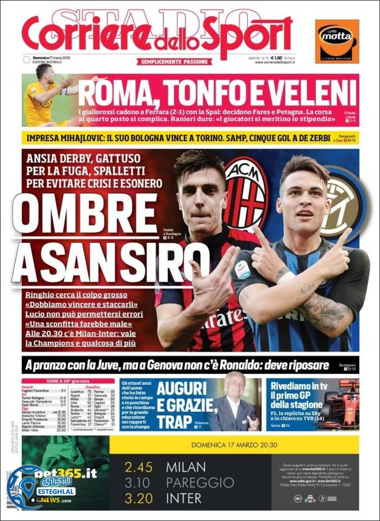 روزنامه ورزشی کوریره دلو اسپورت یکشنبه 26 اسفند 1397