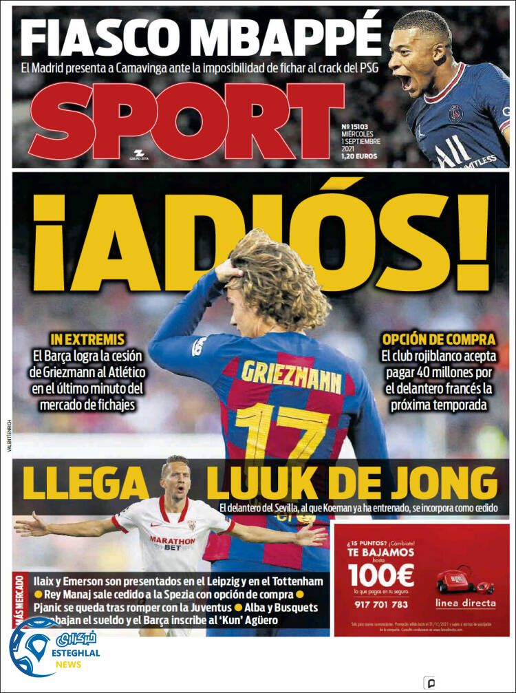 روزنامه ورزشی اسپورت چهارشنبه 10 شهریور 1400