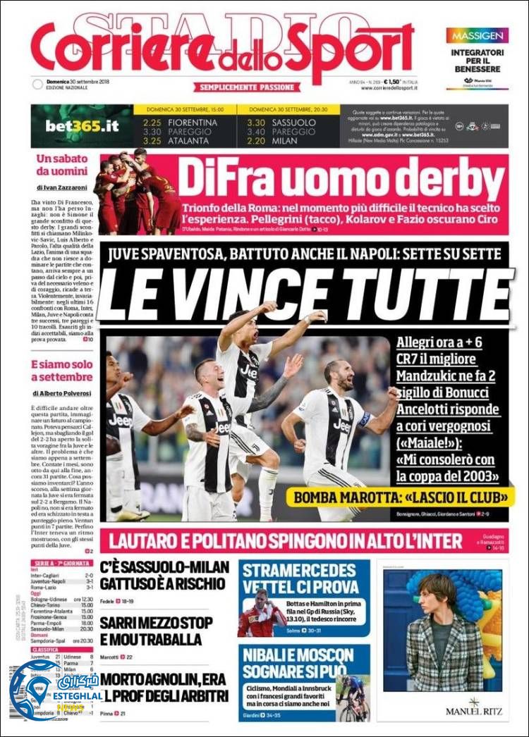 روزنامه ورزشی کوریره دلو اسپورت یکشنبه 8 مهر 1397