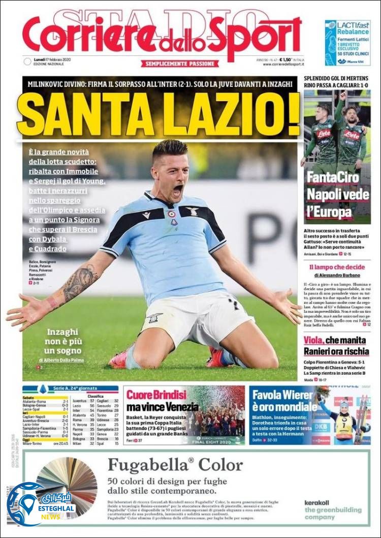 روزنامه ورزشی کوریره دلو اسپورت دوشنبه 28 بهمن 1398