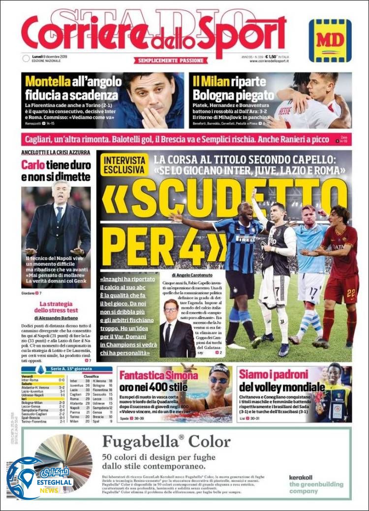 روزنامه ورزشی کوریره دلو اسپورت دوشنبه 18 آذر 1398