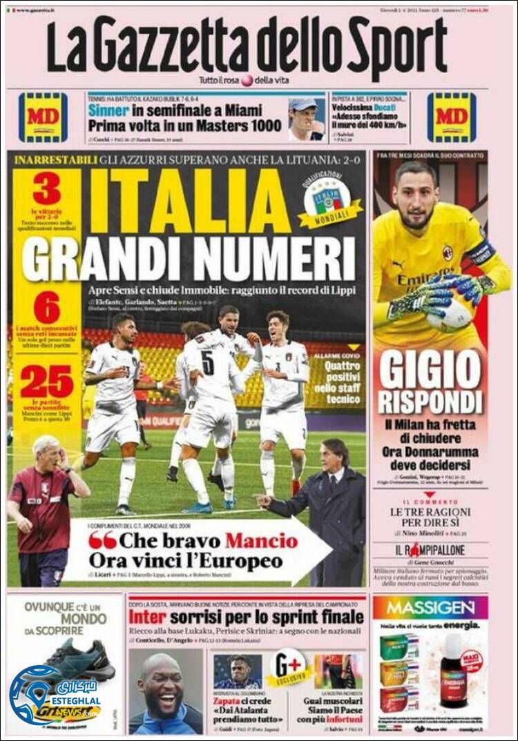 روزنامه ورزشی گاتزتا دلو اسپورت پنجشنبه 12 فروردین 1400