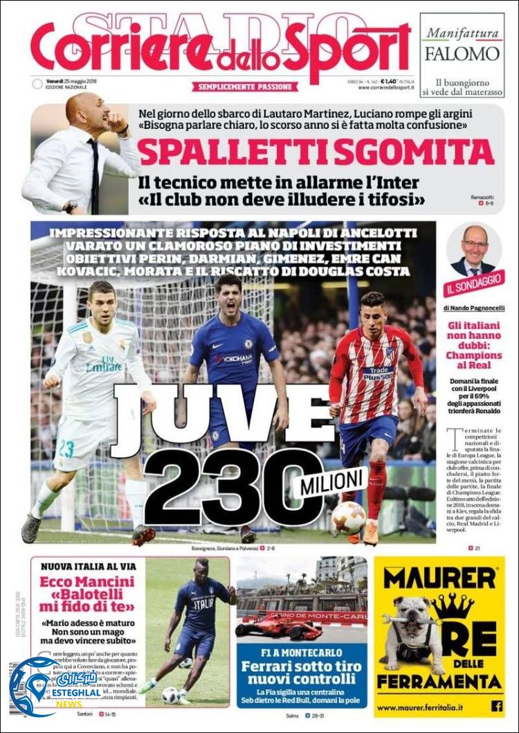 روزنامه ورزشی کوریره دلو اسپورت جمعه 4 خرداد 1397