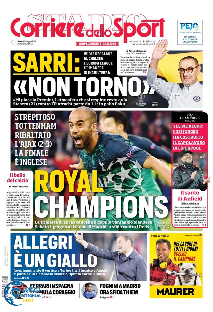 روزنامه ورزشی کوریره دلو اسپورت پنجشنبه 19 اردیبهشت 1398