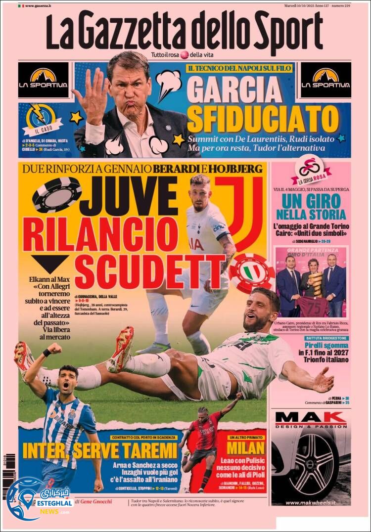 روزنامه ورزشی گاتزتا دلو اسپورت سه شنبه 18 مهر 1402 