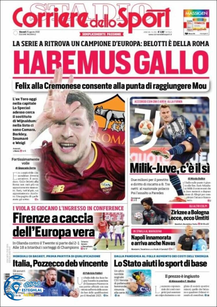 روزنامه ورزشی کوریره دلو اسپورت پنجشنبه 3 شهریور 1401