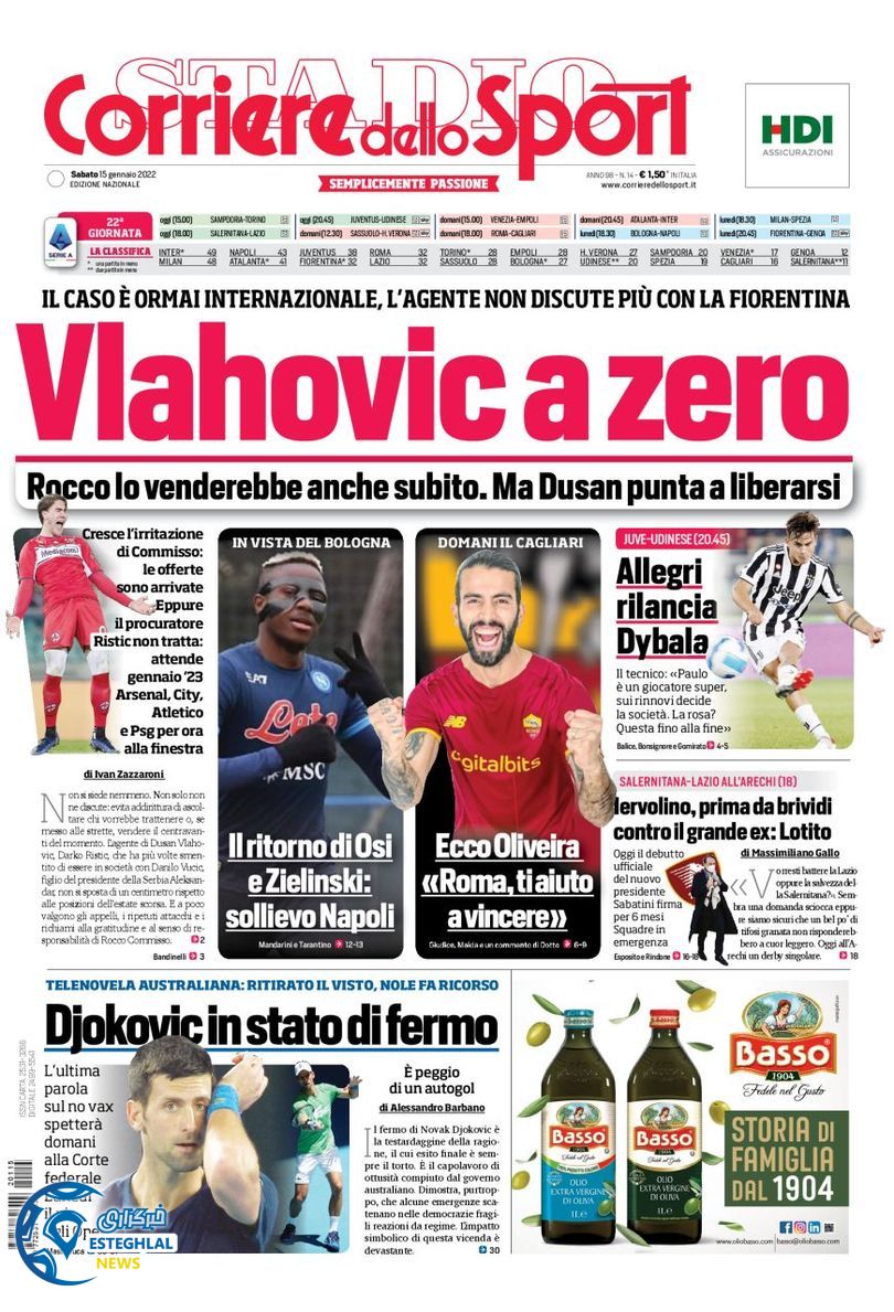 روزنامه ورزشی کوریره دلو اسپورت شنبه 25 دی 1400