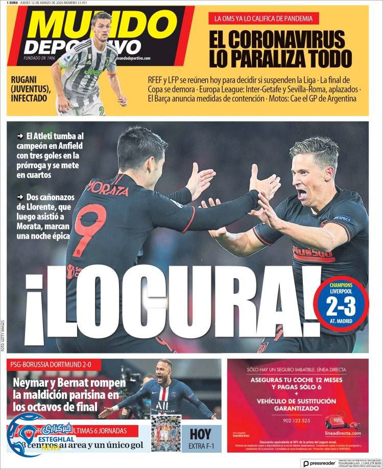 روزنامه ورزشی موندو دپورتیوو پنجشنبه 22 اسفند 1398