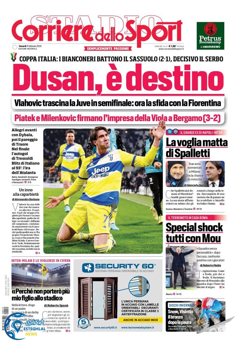 روزنامه ورزشی کوریره دلو اسپورت جمعه 22 بهمن 1400