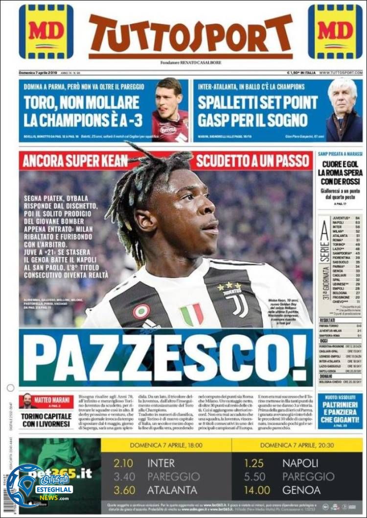 روزنامه ورزشی توتو اسپورت یکشنبه 18 فروردین 1398