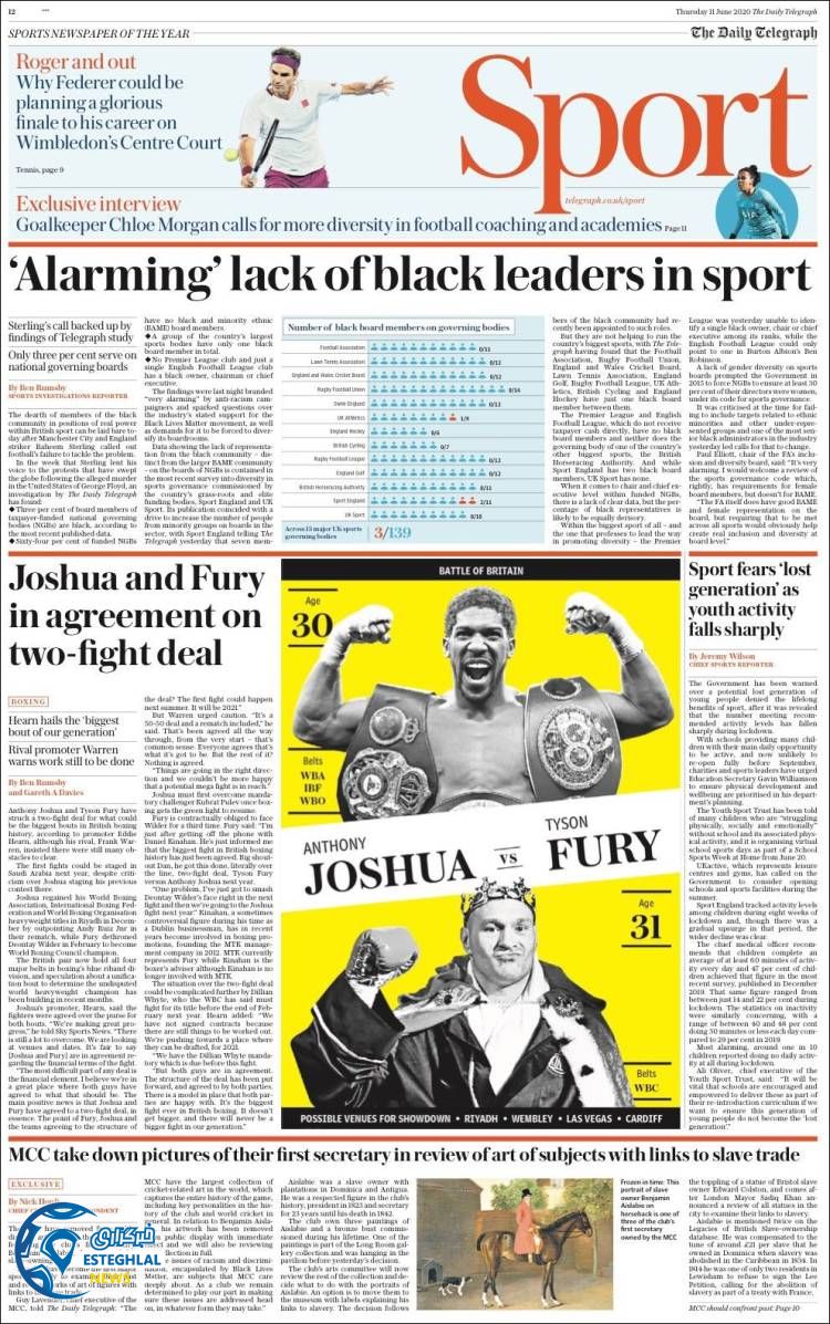 روزنامه ورزشی تلگراف اسپورت پنجشنبه 22 خرداد 1399