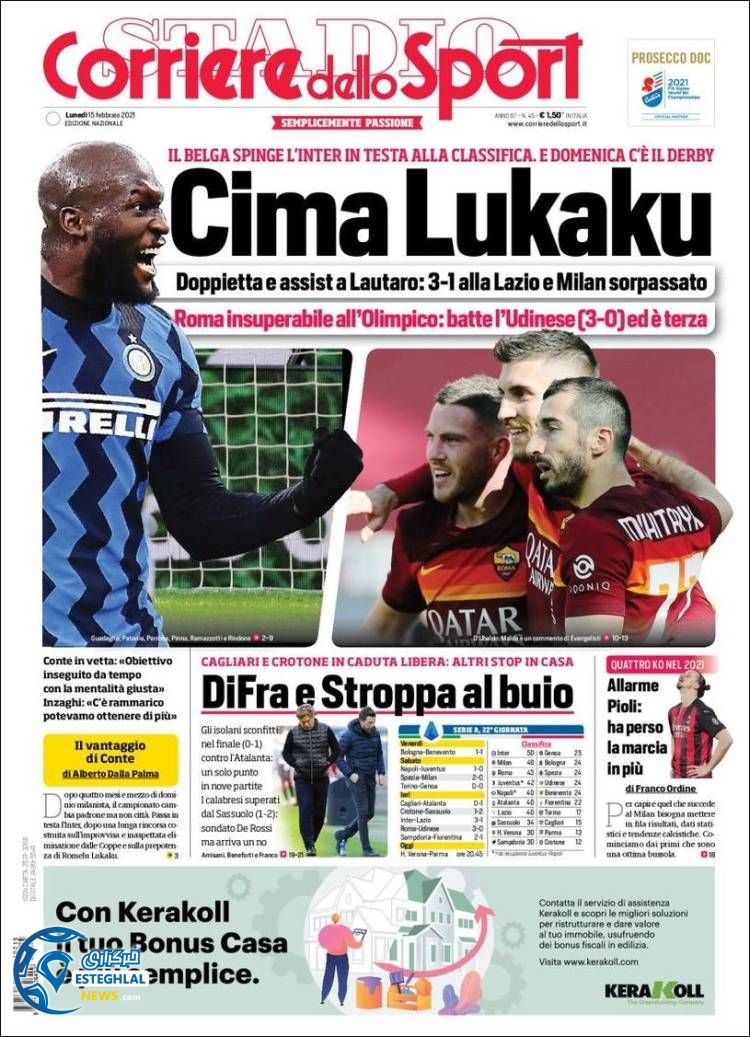 روزنامه ورزشی کوریره دلو اسپورت دوشنبه 27 بهمن 1399