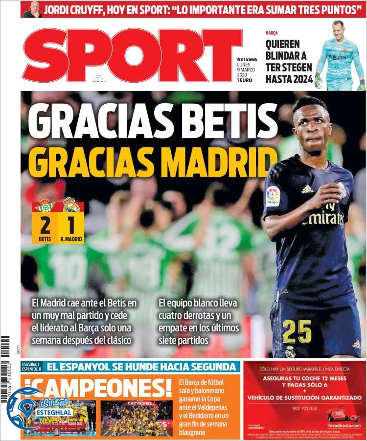 روزنامه ورزشی اسپورت دوشنبه 19 اسفند 1398