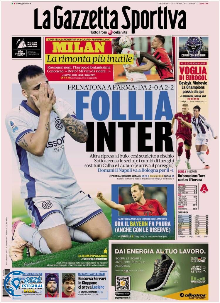 روزنامه ورزشی گاتزتا دلو اسپورت یکشنبه 17 فروردین 1404 