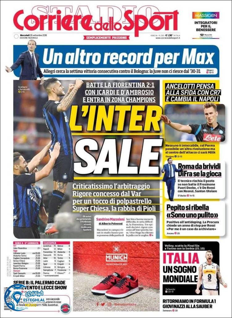 روزنامه  ورزشی کوریره دلو اسپورت چهارشنبه 4 مهر 1397