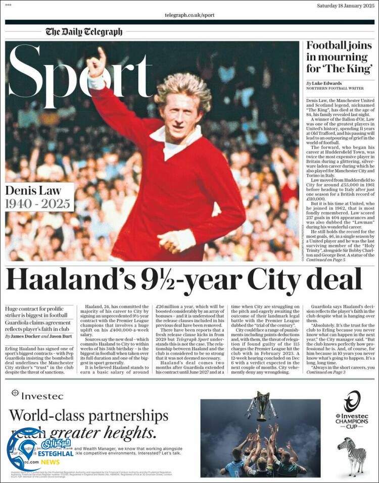 روزنامه  ورزشی   تلگراف اسپورت شنبه 29 دی 1403 