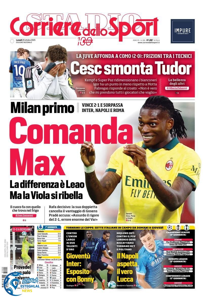 روزنامه ورزشی کوریره دلو اسپورت دوشنبه 28 مهر 1404  