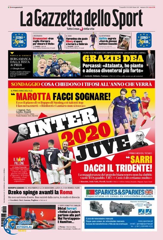 روزنامه ورزشی گاتزتا دلو اسپورت جمعه 22 آذر 1398