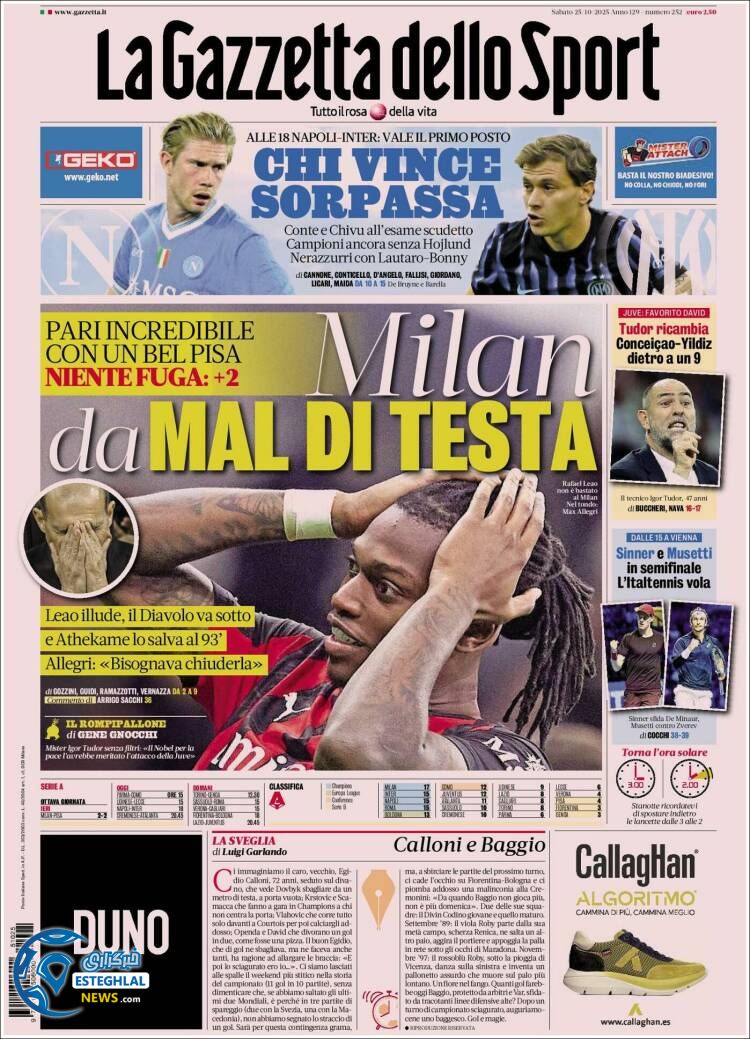 روزنامه  ورزشی گاتزتا دلو اسپورت شنبه 3 آبان 1404  