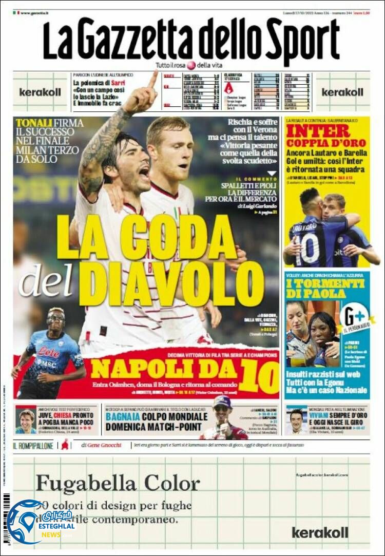 روزنامه ورزشی گاتزتا دلو اسپورت دوشنبه 25 مهر 1401 