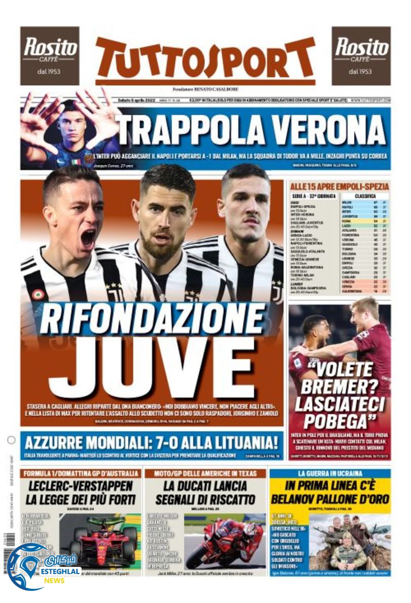 روزنامه ورزشی توتو اسپورت شنبه 20 فروردین 1401