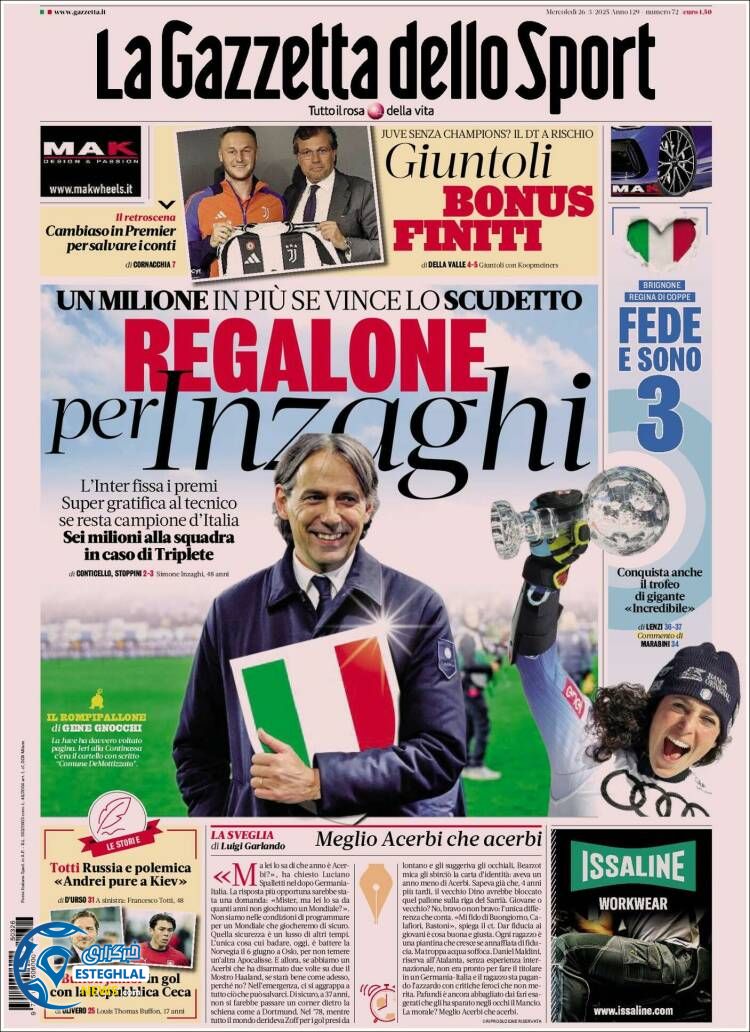 روزنامه  ورزشی گاتزتا دلو اسپورت چهارشنبه 6 فروردین 1404 