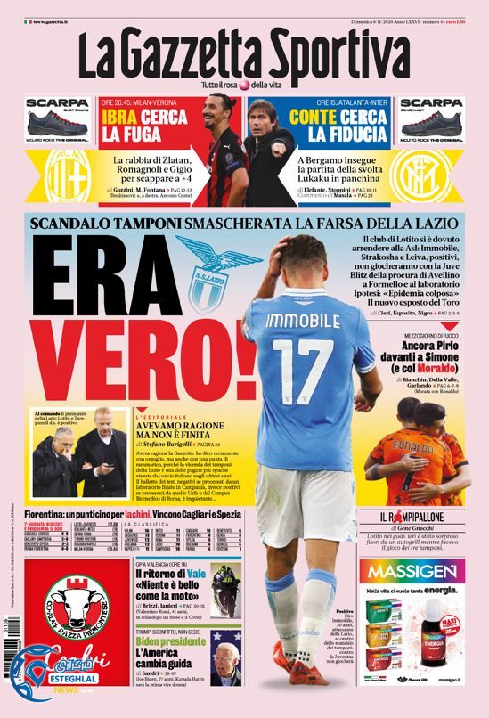 روزنامه ورزشی گاتزتا دلو اسپورت یکشنبه 18 آبان 1399