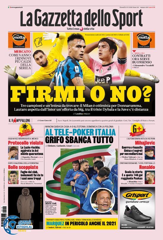 روزنامه ورزشی گاتزتا دلو اسپورت پنجشنبه 22 آبان 1399