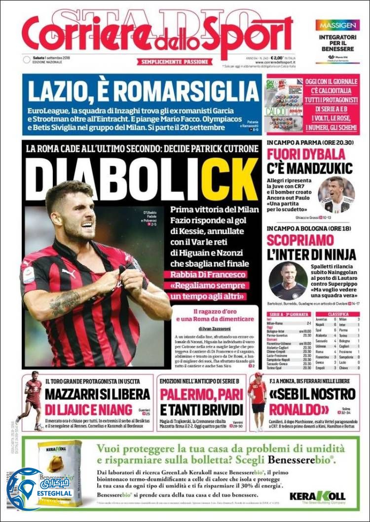 روزنامه ورزشی کوریره دلو اسپورت شنبه 10 شهریور 1397